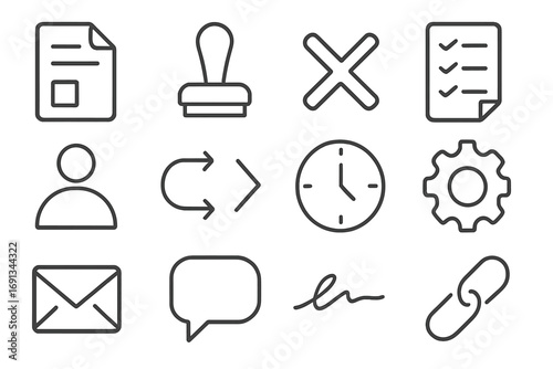 Change Request Icons. Outline icon set of change request and approval flow: change document, approval stamp, reject cross,