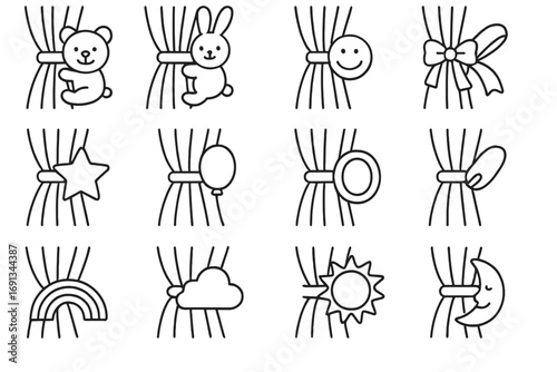 Child Curtain Tiebacks Icons. Outline icon set of child-friendly curtain tiebacks: cartoon animal tieback, plush toy tieback,