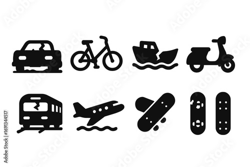 Abandoned Transport Icons. Solid, filled icon set of found transportation: abandoned car, lost bike, broken boat, parked scooter,