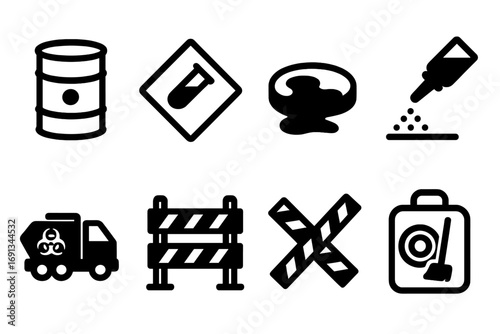Acid Waste Icon Set. Solid, filled icon set of acid waste handling: sealed barrel, hazard label, spill containment, neutralizing