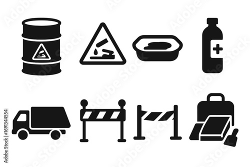 Acid Waste Icon Set. Solid, filled icon set of acid waste handling: sealed barrel, hazard label, spill containment, neutralizing