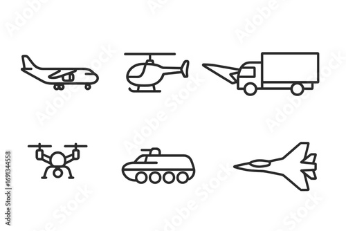 Airborne Vehicles Icons. Outline icon set of airborne vehicles: cargo plane, helicopter, glider, transport truck, drone,