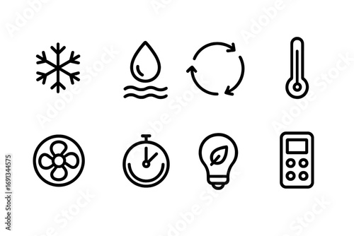 Air Conditioner Icon Set. Outline icon set of air conditioner functions: cooling, dehumidifying, air circulation, temperature