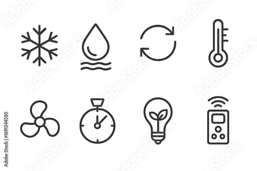 Air Conditioner Icon Set. Outline icon set of air conditioner functions: cooling, dehumidifying, air circulation, temperature