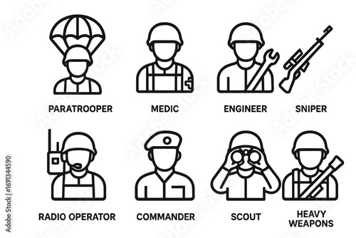 Airborne Unit Icons. Outline icon set of airborne unit roles: paratrooper, medic, engineer, sniper, radio operator, commander,