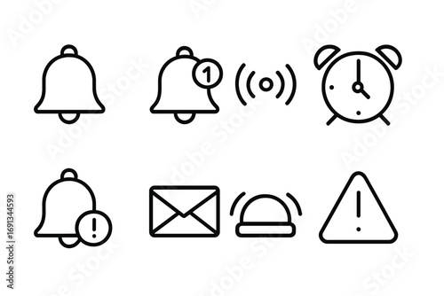Alarm Icon Set. Outline icon set of clock alarm notifications: ringing bell, notification badge, sound waves, alarm clock,
