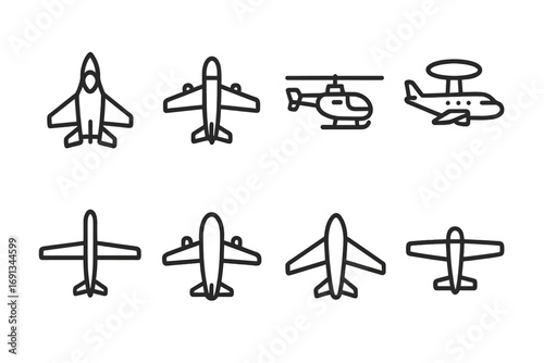 Aircraft Icon Set. Outline icon set of aircraft carrier aircraft types: fighter jet, reconnaissance plane, helicopter, early