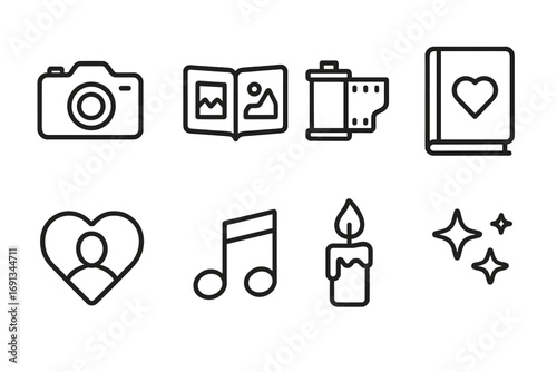 Anniversary Memories Icons. Outline icon set of anniversary memories and moments: photo camera, scrapbook, film roll, diary, heart