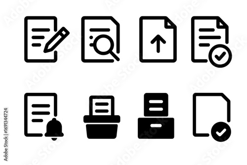 Approval Workflow Icons. Solid, filled icon set of approval workflow: draft, review, edit, submit, approve, notify, archive,
