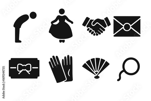 Aristocratic Etiquette Icons. Solid, filled icon set of aristocratic etiquette: bow, curtsy, handshake, formal letter, invitation,