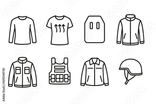 Armor Layering Icons. Outline icon set of armor layering: base layer, moisture wicking shirt, soft armor, hard plates, outer shell