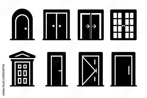 Architectural Door Icons. Solid, filled icon set of entrance architectural styles: arched doorway, double doors, sliding doors,