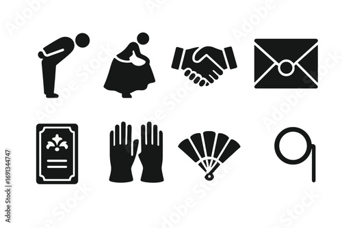 Aristocratic Etiquette Icons. Solid, filled icon set of aristocratic etiquette: bow, curtsy, handshake, formal letter, invitation,