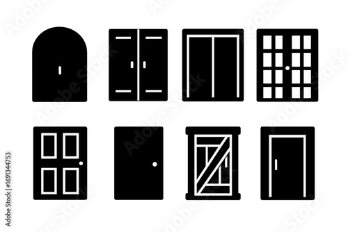 Architectural Door Icons. Solid, filled icon set of entrance architectural styles: arched doorway, double doors, sliding doors,
