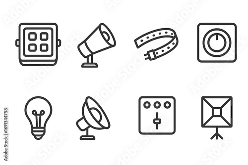 Architectural Lighting Icons. Outline icon set of architectural lighting: floodlight, spotlight, LED strip, dimmer, light bulb,