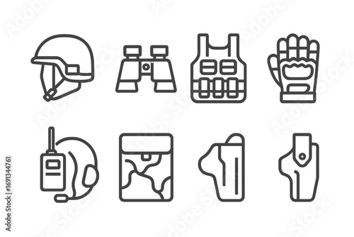 Armored Crew Gear Icons. Outline icon set of armored vehicle crew gear: helmet, binoculars, radio headset, tactical vest, gloves,