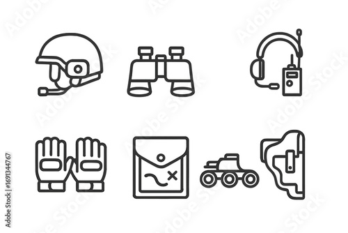 Armored Crew Gear Icons. Outline icon set of armored vehicle crew gear: helmet, binoculars, radio headset, tactical vest, gloves,
