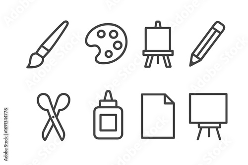 Art Homework Icons. Outline icon set of art homework: paintbrush, palette, easel, pencil, scissors, glue, paper, canvas. Line