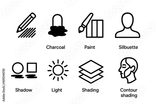 Art Shading Icon Set. Outline icon set of shading in art: pencil shading, charcoal shadow, paint gradient, silhouette drawing,