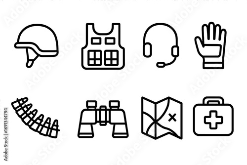 Artillery Gear Icons. Outline icon set of artillery crew gear: helmet, tactical vest, radio headset, gloves, ammunition belt,