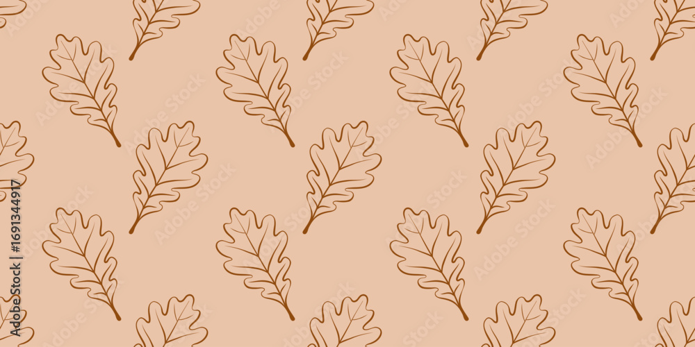 Fototapeta premium Fall season seamless outline pattern with oak leaves. Autumn line art print. Vector foliage background. 