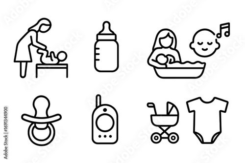 Baby Care Icons. Outline icon set of mother and baby care: diaper changing, feeding bottle, baby bath, lullaby music, pacifier,