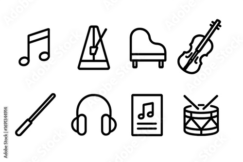 Ballet Music Icons. Outline icon set of ballet music and rhythm: musical notes, metronome, piano, violin, conductor baton,