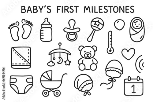 Baby's First Milestones. Hand-drawn doodle illustration baby’s first milestones footprints, baby bottle, pacifier, rattle, swaddle