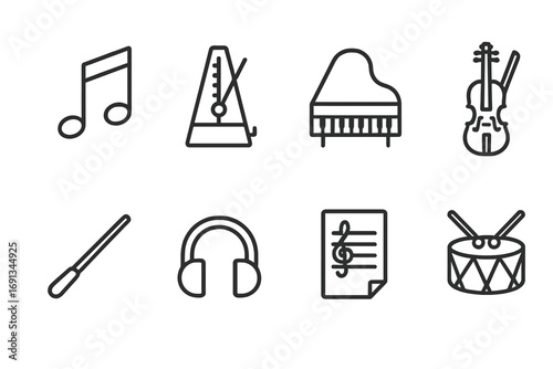 Ballet Music Icons. Outline icon set of ballet music and rhythm: musical notes, metronome, piano, violin, conductor baton,