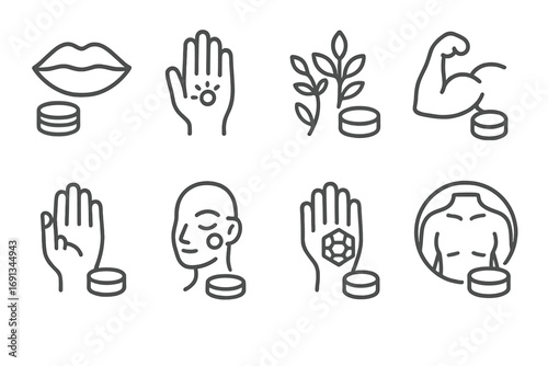 Balm Benefits Icons. Outline icon set of balm tin uses and benefits: lip care, skin healing, aromatherapy, muscle relief, cuticle