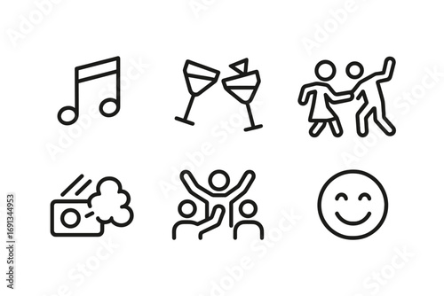 Bar Atmosphere Icons. Outline icon set of themed bar atmosphere: music notes, cocktail cheers, laughter, dance moves, fog machine,