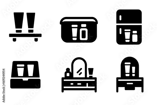 Balm Storage Icons. Solid, filled icon set of balm storage: bathroom shelf, cosmetic bag, travel kit, refrigerator, drawer,