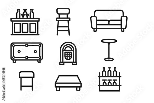 Bar Furniture Icons. Outline icon set of themed bar furniture: bar counter, high chair, lounge sofa, cocktail table, pool table,