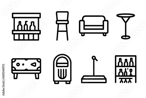 Bar Furniture Icons. Outline icon set of themed bar furniture: bar counter, high chair, lounge sofa, cocktail table, pool table,