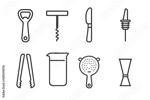 Bar Tools Icon Set. Outline icon set of bar essentials: bottle opener, corkscrew, bar knife, pour spout, mixing glass, ice tongs,