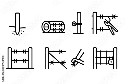 Barbed Wire Icons. Outline icon set of barbed wire installation: fence post setting, wire rolling, tensioning wire, fastening
