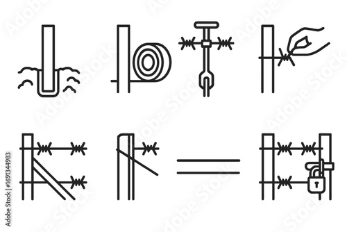 Barbed Wire Icons. Outline icon set of barbed wire installation: fence post setting, wire rolling, tensioning wire, fastening