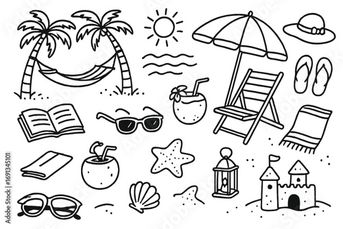 Beach Holiday Doodles. Hand-drawn doodle illustration Beach relaxation hammock, sun umbrella, beach chair, book, sunglasses,