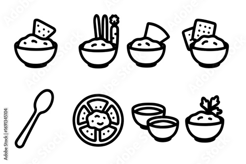 Bean Dip Icon Set. Solid, filled icon set of bean dip serving ideas: chips, sliced veggies, pita bread, crackers, spoon, party