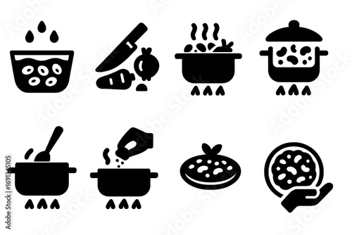 Bean Stew Icons. Solid, filled icon set of bean stew preparation steps: soaking beans, chopping vegetables, sautéing, simmering,