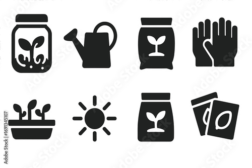 Bean Sprout Cultivation Tools. Solid, filled icon set of bean sprout cultivation tools: sprouting jar, watering can, soil bag,