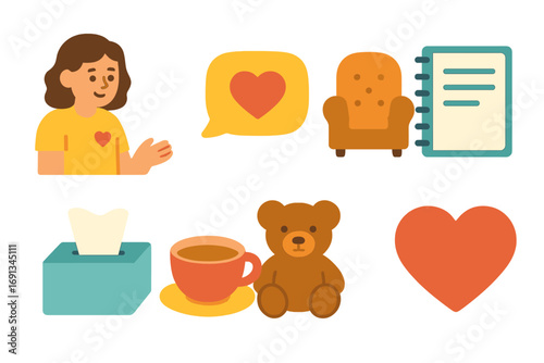 Children's Counseling Icons. Flat vector mini-illustrations Psychological support and counseling in colors children's