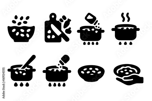Bean Stew Icons. Solid, filled icon set of bean stew preparation steps: soaking beans, chopping vegetables, sautéing, simmering,