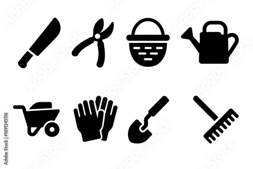 Bean Pod Tools Icons. Solid, filled icon set of bean pod tools: machete, pruning shears, harvesting basket, watering can,