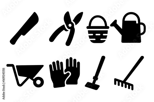 Bean Pod Tools Icons. Solid, filled icon set of bean pod tools: machete, pruning shears, harvesting basket, watering can,