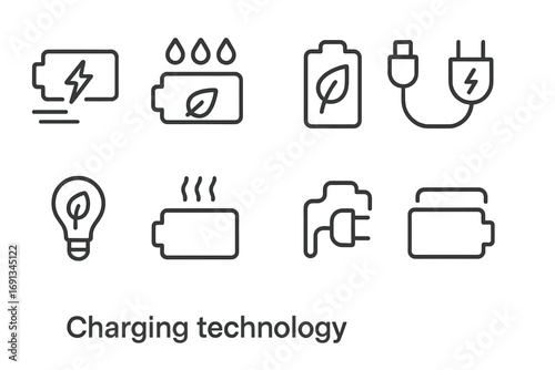 Battery Technology Icon Set. Outline icon set of charging technology: fast charging, trickle charging, battery saver mode, power