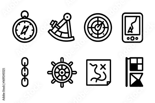 Battleship Navigation Icons. Outline icon set of battleship navigation: compass, sextant, radar screen, GPS, anchor chain, helm