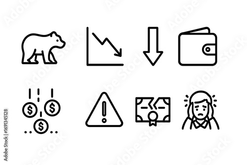 Bearish Market Icons. Outline icon set of bearish market: bearish icon, crashing graph, red arrow down, empty wallet, falling