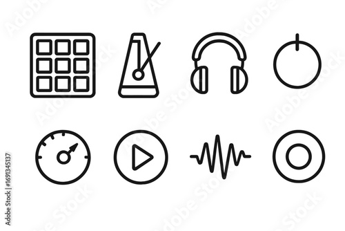 Beat Making Icons. Outline icon set of beat making: drum pad, metronome, headphones, mixer knob, tempo dial, play button, waveform