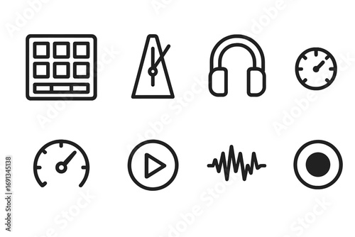 Beat Making Icons. Outline icon set of beat making: drum pad, metronome, headphones, mixer knob, tempo dial, play button, waveform
